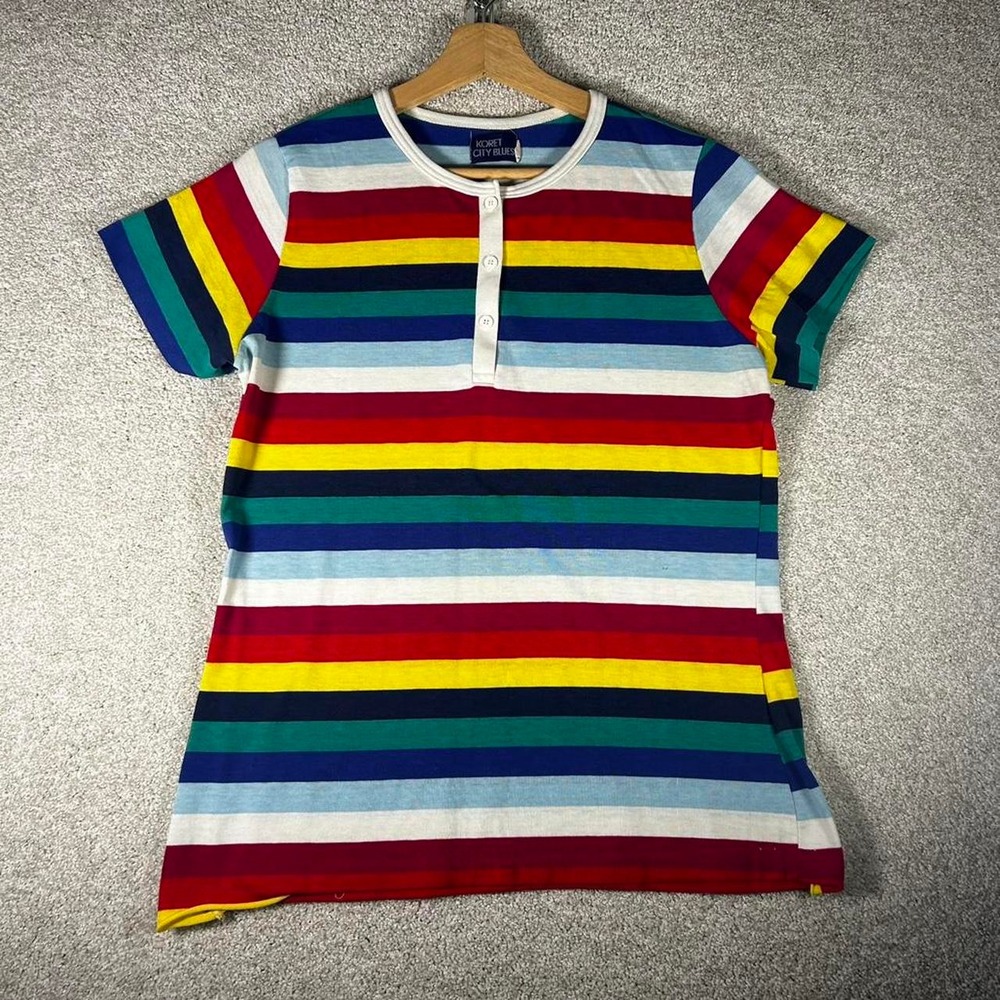 Vintage women's Koret multicolor striped Henley style short sleeve t-shirt M/L